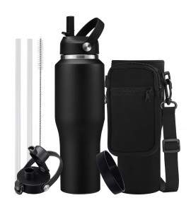 32 oz Water Bottle Stainless Steel Tumbler - w/ Paracord Handle, Straw & Spout Lid， Carryier Strap Bag & Bottom Boot, Insulated Water Bottle Coffee Cup