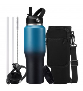 32 OZ Water Bottle Stainless Steel Tumbler - w/ Paracord Handle, Straw & Auto Spout Lid, Sling Bag, Protective Boot, Office Gym Car Insulated Water Bottle Metal Cup