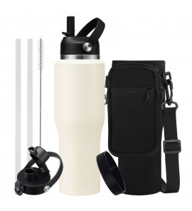 32 oz Water Bottle Stainless Steel Tumbler - w/ Paracord Handle, Straw & Spout Lid， Carryier Strap Bag & Bottom Boot, Insulated Water Bottle Coffee Cup