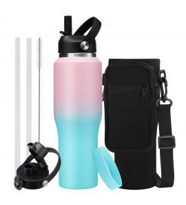 Stainless Steel Tumblers with Straw 32oz - Vacuum Insulated Water Bottle Flask with Straw & Auto Spout Lids, Thermal Water Bottle Pouch & Silicone Boot