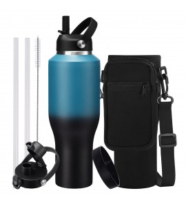 40oz Insulated Water Bottle that fits in Cup Holder - Stainless Steel Coffee Tumbler Cup with Straw, Auto Spout Lid, Bottle Sleeve & Paracord Handle