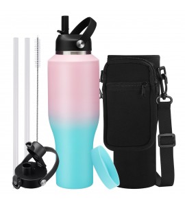 40oz Water Bottle Stainless-steel Tumbler - w/ Paracord Handle, Straw Lid & Autp Spout Lid & Sling Bag, Insulated Water Bottle Metal Cup for Car Office Travel Gym