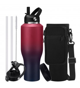 Insulated Water-Bottle 40oz Tumbler with Straw - Keep Cold 48h & Hot 24h Vacuum Travel Coffee Mug Large Metal Tumbler with Auto Chug Lid, Paracord Handle, Sling Bag & Boot