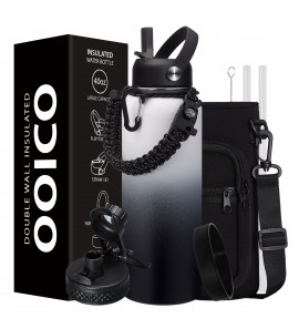 40oz Water Bottle Insulated - Cold-48H Hot-12H Stainless Steel Hydro Jug 40 OZ with Straw Lid, Pop-up Chug Lid, Strap Carrier Pouch, Flask Paracord Handle