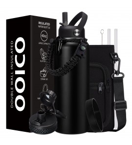 40 OZ Water Bottle with Auto Spout Lid & Straw, Insulated Water Bottle Cold for 48H, Stainless Steel Flask with Strap Carrier Holder, Paracord Handle & Jug Boot