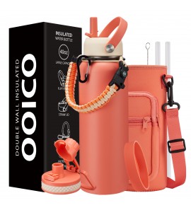 40 OZ Water Bottle Vacuum Insulated, Keep Cold-48H Hot-12H, Stainless Steel Hydro Bottle with Straw, Strap Carrier Bag, Paracord Handle & Flask Boot