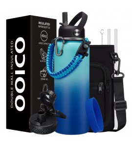 OOICO Insulated Water Bottle with Straw - Auto Spout Lids, 40OZ Water Bottle Stainless Steel for Gym Sport Work Travel, Vacuum Flask with Carrying Strap Bag