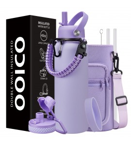 40 OZ Insulated Water Bottle with Straw - Auto Spout Lid, Stainless Steel Flask Cold for 48H, Metal Hydro Jug with Strap Carrier Bag, Paracord Handle & Flask Boot, Purple