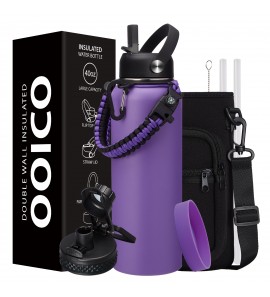 Insulated Water Bottle with Paracord Handles & Strap Carrier Bag & Straw Lid & Spout Lid,Reusable Wide Mouth Vacuum Stainless Steel Water Bottle 40 oz